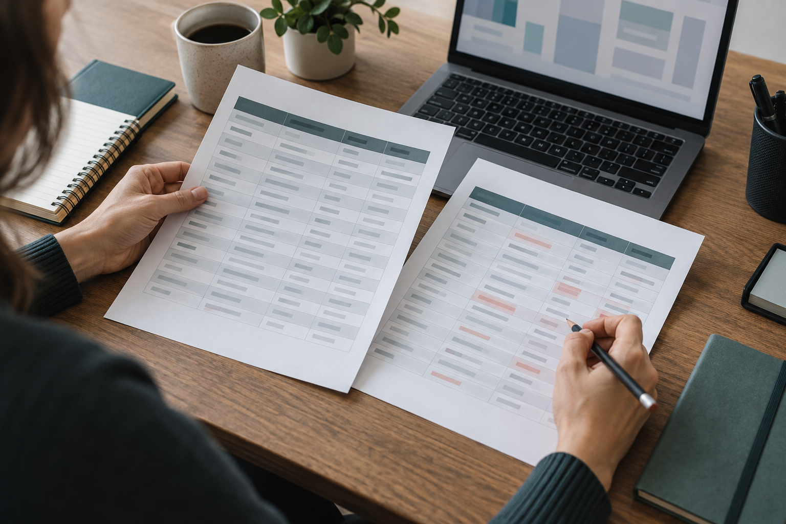 Сотрудник проверяет качество и совпадение записей CRM на рабочих листах